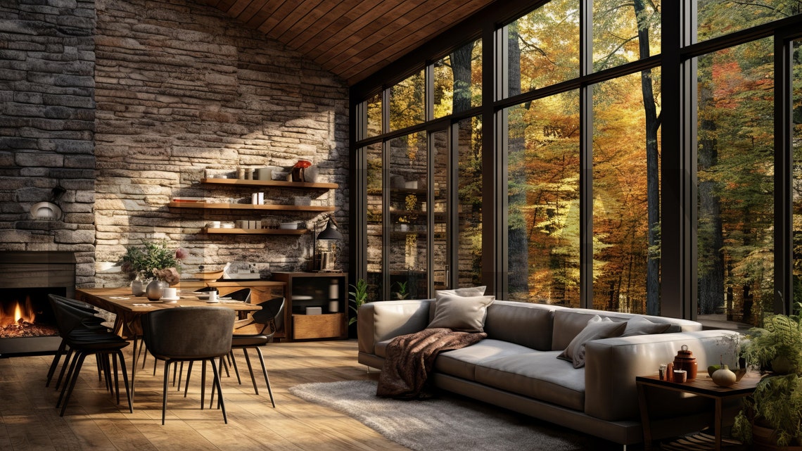 English Cottage Style Fall Virtual Background, Living Room Backdrop