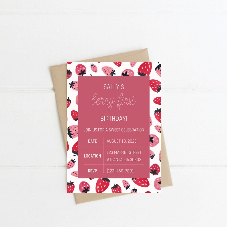 Berry First Birthday Invitation Template Editable Birthday Etsy