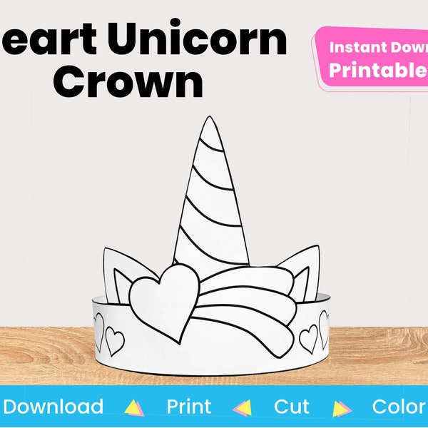 Unicorn Heart Crown Printable Paper Hat Template | DIY Kids Valentine Craft For Coloring | Birthday Party Favor | Instant Digital Download