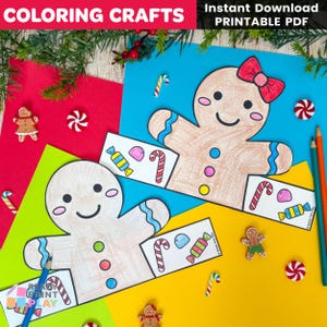 May include: A festive image featuring gingerbread man coloring crafts. The image includes two gingerbread man outlines with candy and bow details, along with colorful pencils and candies. The text "COLORING CRAFTS" and "Instant Download PRINTABLE PDF" are visible.