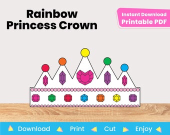 Rainbow Princess Crown Printable Paper Hat Template | DIY Children's Craft Headband Project | Print in Color | Instant Digital Download