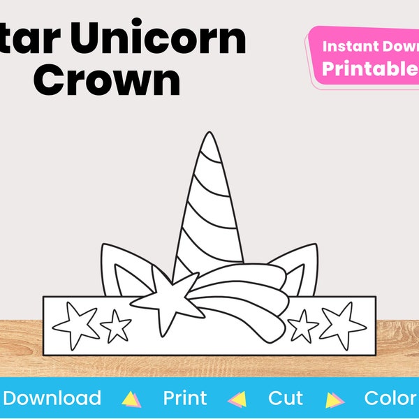 Unicorn Birthday Crown Printable Template | DIY Kids Craft Project For Coloring | Party Favor Paper Hat | Instant Digital Download