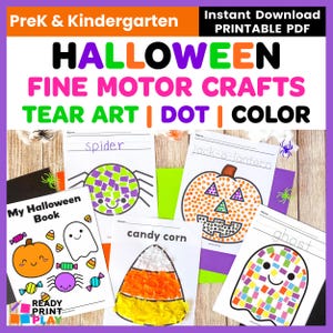 Op de afbeelding: Een verzameling Halloween-thema's, afdrukbare PDF-activiteitenbladen voor PreK en kleuters. De bladen bevatten fijne motoriek knutselwerkjes, scheurkunst, stip activiteiten en kleurplaten. Afbeeldingen: spin, pompoen, geest en snoepmaïs. De tekst luidt "HALLOWEEN FINE MOTOR CRAFTS".