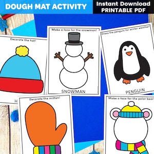 Może przedstawiać: Zestaw arkuszy aktywności PDF do wydrukowania na matę do ciasta. Arkusze zawierają ilustracje o tematyce zimowej, w tym bałwana, pingwina, czapkę, rękawicę i niedźwiedzia polarnego. Z instrukcjami.
