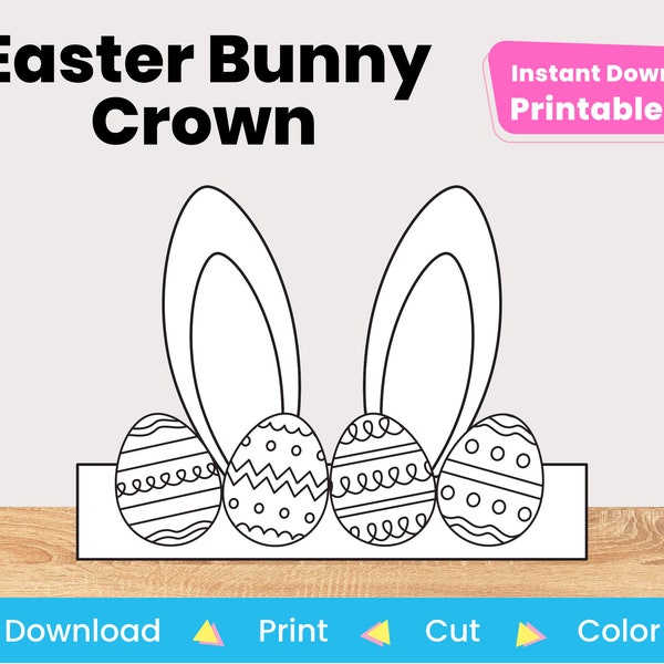 Easter Bunny Ear Egg Printable Paper Crown Hat Template | DIY Kids Craft Project For Coloring | Instant Digital Download