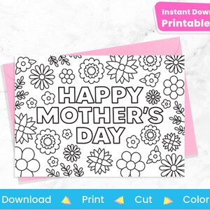 Mother's Day Flower Card to Color | Printable Happy Mother's Day Card for Coloring | DIY Craft for Grandma, Mom | Instant Digital Download