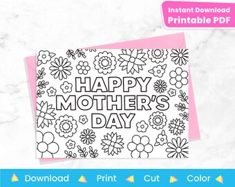 Mother's Day Flower Card to Color | Printable Happy Mother's Day Card for Coloring | DIY Craft for Grandma, Mom | Instant Digital Download