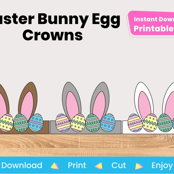 Easter Bunny Ear Printable Paper Hat Template | White, Brown, & Gray Bunny Crowns to Print | Instant Digital Download