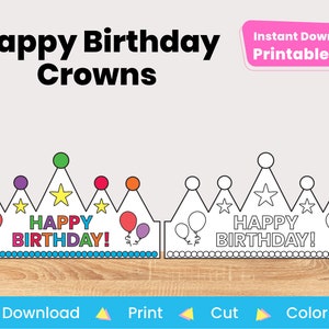 Puede incluir: Página para colorear imprimible con dos coronas de cumpleaños con el texto "¡Feliz cumpleaños!" en colores arcoíris. Las coronas están delineadas en negro y tienen estrellas y globos.
