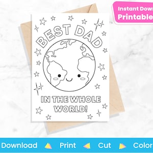 Fathers Day Card for Coloring | Printable Best Dad in the World Card from Daughter, Son | Birthday Card from Kids | Instant Digital Download
