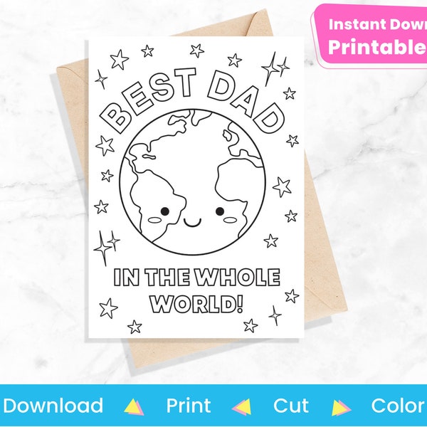 Fathers Day Card for Coloring | Printable Best Dad in the World Card from Daughter, Son | Birthday Card from Kids | Instant Digital Download