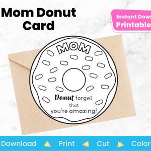 Mother's Day Donut Card Printable Template to Color | DIY Craft Project For Coloring | Birthday Gift From Kids | Instant Digital Download