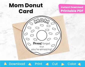 Mother's Day Donut Card Printable Template to Color | DIY Craft Project For Coloring | Birthday Gift From Kids | Instant Digital Download