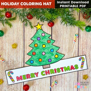 クリスマスツリーハットの印刷物 | DIYホリデーヘッドバンドの塗り絵クラフト