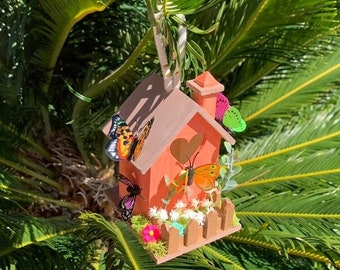 Hand painted bird house with butterflies