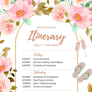 Weekend Itinerary Template, Surprise Weekend, Agenda, Spring, Vacation, Floral, Editable, Instant Download
