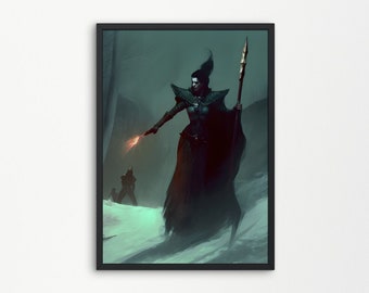 Sorcerer Mage Caster Premium Digital Poster, Digital Print, Home Decor, Birthday Gift, Diablo Style Casting Firebolt Black Robed Wizard