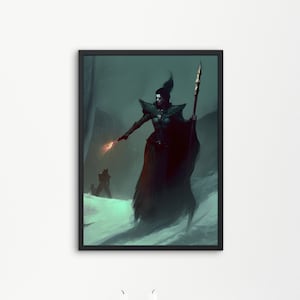 Sorcerer Mage Caster Premium Digital Poster, Digital Print, Home Decor, Birthday Gift, Diablo Style Casting Firebolt Black Robed Wizard
