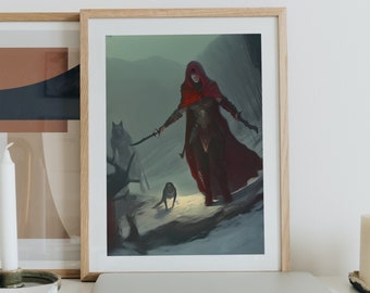 Rogue Fighter Premium Digital Poster, Digital Print, Home Decor, Wedding Gift, Diablo Style Dual-Wield Sword Red Robed Rogue