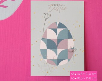 Digital Easter card with Happy Easter saying and Easter egg, design greeting card gold, colorful and floral