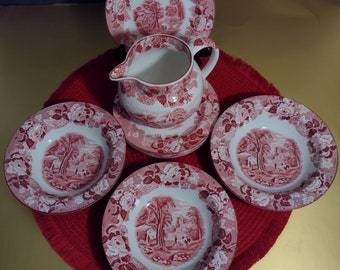10 Pc&#39;s - Enoch Woods - &quot;English Scenery&quot; Red - Pitcher, 3 Bowls, 6 Butter Plates.