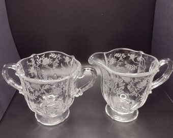 Fostoria Baroque "Navarre" Etched Glass Creamer & Sugar