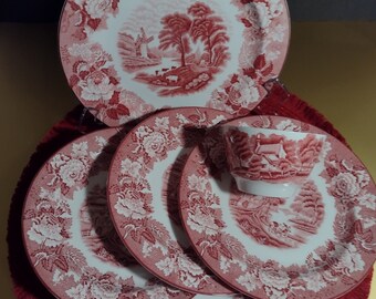 6 Pc&#39;s - Enoch Woods - &quot;English Scenery&quot; Red - 2 Plates (9&quot;), 3 Plates (7 3/4&quot;), 1 Cup.