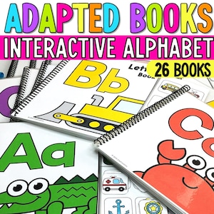 May include: A set of spiral-bound adapted books featuring the interactive alphabet with 26 books. The covers display large letters and colorful illustrations including a green alligator, a yellow bulldozer, and a red crab with the text ADAPTED BOOKS.