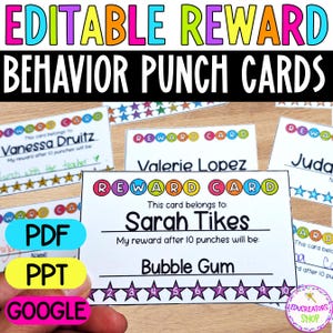 May include: A set of rectangular white reward behavior punch cards featuring colorful circular letters spelling REWARD CARD at the top. Each card includes lines for a name and a reward, with ten numbered purple stars at the bottom for punching.