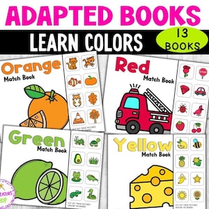 Op de afbeelding: Een set van 13 printbare aangepaste boeken om kleuren te leren. Elk boek heeft een andere kleur, zoals oranje, rood, groen en geel, en bevat een matching-activiteit. De boeken zijn ontworpen om kinderen te helpen kleuren te leren en hun fijne motoriek te ontwikkelen.