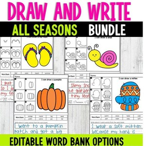 Peut inclure: Un ensemble de feuilles de travail imprimables avec le texte "DRAW AND WRITE ALL SEASONS BUNDLE". Les feuilles de travail présentent des dessins d'un escargot, de tongs, d'une citrouille et d'une moufle. Chaque feuille a une banque de mots et un espace pour écrire.