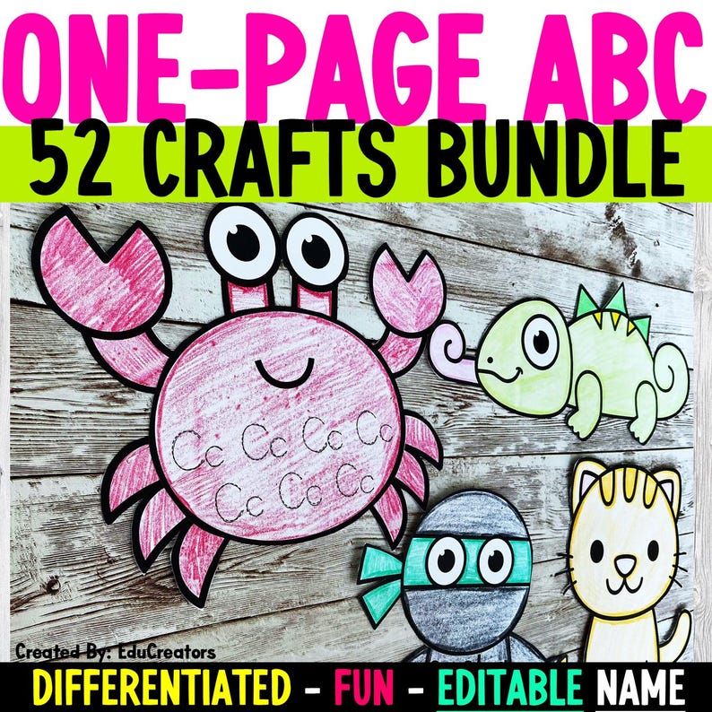 Alphabet One Page Build a Crafts | Phonics Bundle A to Z Kindergarten ...