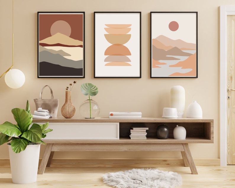 Mid Century Art Prints Set of 3, Neutral Modern Wall Art Decor, Digital ...