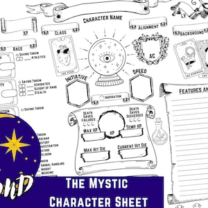 Könnte beinhalten: Ein Schwarzweiß-Charakterblatt für ein Tabletop-Rollenspiel. Das Blatt ist für eine Charakterklasse namens "The Mystic" konzipiert. Das Blatt enthält Abschnitte für Charaktername, Rasse, Klasse, Ausrichtung, Hintergrund, Stärke, Geschicklichkeit, Konstitution, Initiative, Geschwindigkeit, Todeswürfe, maximale TP, temporäre TP, maximale Trefferwürfel, aktuelle Trefferwürfel und Eigenschaften und Fähigkeiten.