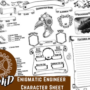 May include: A black and white character sheet for a role-playing game. The sheet features a steampunk-inspired design with a character wearing a gas mask and a large airship in the background. The sheet includes sections for character name, race, class, alignment, background, strength, dexterity, constitution, initiative, speed, death saves, max HP, temp HP, max hit die, current hit die, and features and abilities.