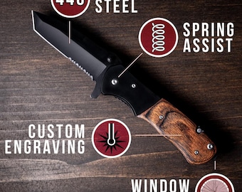 Custom Engraved Pocket Knife, 440 Stainless Steel Tanto Blade, Wood Handle, Spring Assist