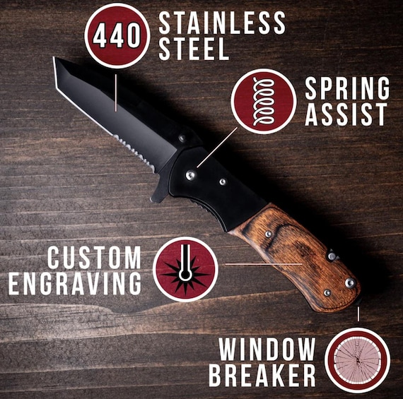 Tanto blade geometry + spring-assist mechanism + wood handle is a genuinely distinctive combo — more tactical character than the standard drop-point groomsmen knife.