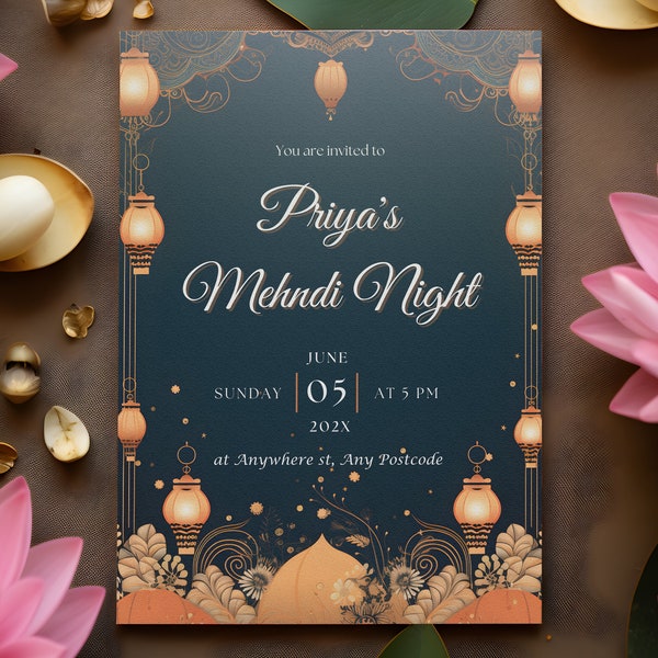 Mehndi Invitation Animated Digital & Printable, Muslim Henna Party Invite, Lantern Motif, Indian Mehndi Wedding Invitation, Vector Pattern |