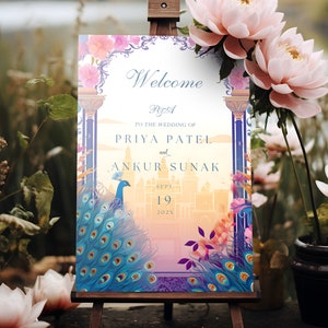 Indian Wedding Sign | Floral Patterns, Majestic Peacocks, Desi Welcome Board, South Indian Decor, Punjabi Signs, Hindu Reception, Mehndi