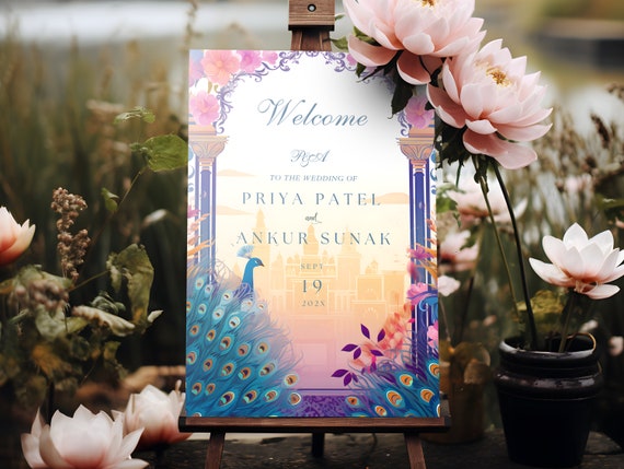 Indian Wedding Sign | Floral Patterns, Majestic Peacocks, Desi Welcome Board, South Indian Decor, Punjabi Signs, Hindu Reception, Mehndi
