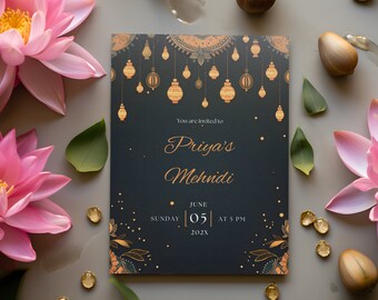 Mehndi Invitation Animated Digital & Printable | Mehndi Invite, Henna Invitation, Sangeet Invite, Lanterns, Diyas, Intricate Motifs