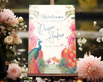 Indian Wedding Sign | Majestic Peacocks & Floral Patterns, South Indian Decor, Punjabi Phera Sign, Shaadi Signage, Desi Wedding Decor