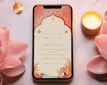 May include: A digital wedding invitation with a pink and orange color scheme. The invitation features an ornate archway with an elephant and floral details. The text reads "Together with their families Priya Patel & Ankur Sunak invite you to celebrate their wedding April 23, 202X three o'clock in the afternoon 123 Anywhere St., Any City reception to follow."