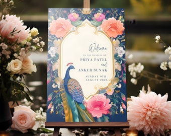 Indian Wedding Sign | Welcome to India, Floral Patterns & Majestic Peacocks, Mehndi Decor, Hindu Decor, South Indian Sign, Shaadi Signage