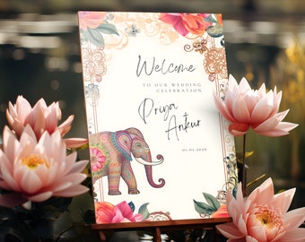 Indian Wedding Sign | Punjabi Phera Sign & South Indian Decor, Floral Hindu Building, Mehndi Signs, Indian Elephants, Wedding Punjabi Sign