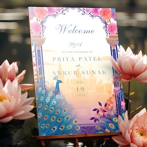 Indian Wedding Sign | Floral Patterns, Majestic Peacocks, Desi Welcome Board, South Indian Decor, Punjabi Signs, Hindu Reception, Mehndi image 2