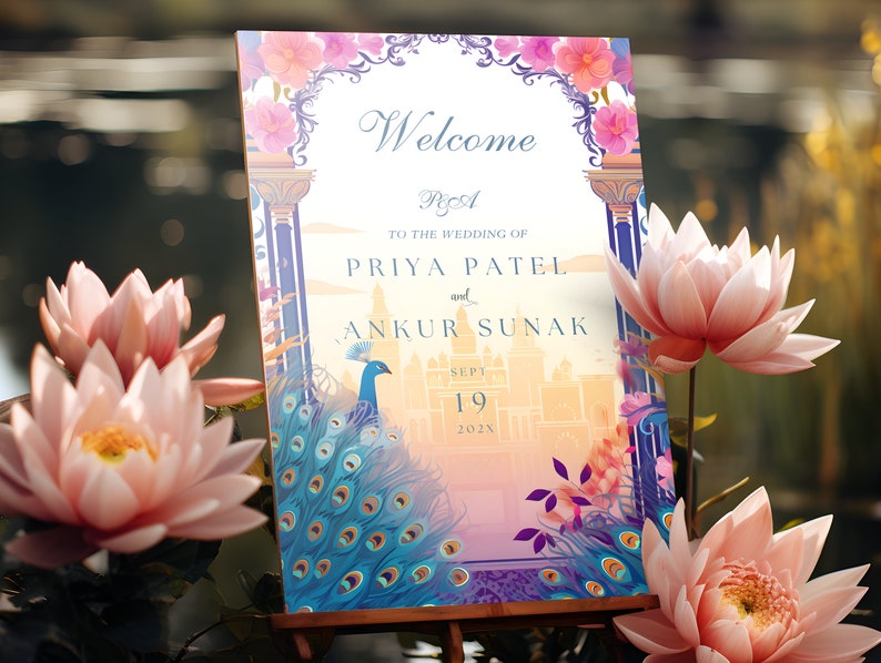 Indian Wedding Sign | Floral Patterns, Majestic Peacocks, Desi Welcome Board, South Indian Decor, Punjabi Signs, Hindu Reception, Mehndi image 2