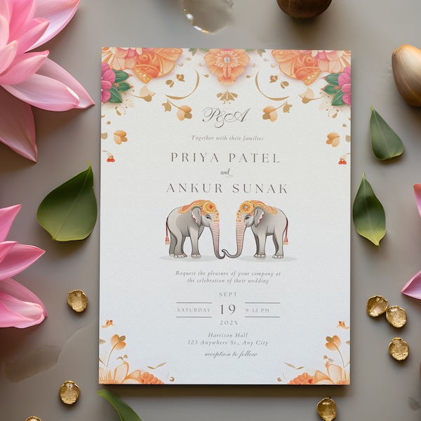 Indian Wedding Invitation Animated Digital & Printable, Hindu Muslim Punjabi South India Floral Card Invite, Pooja Desi, Wedding, Elephants