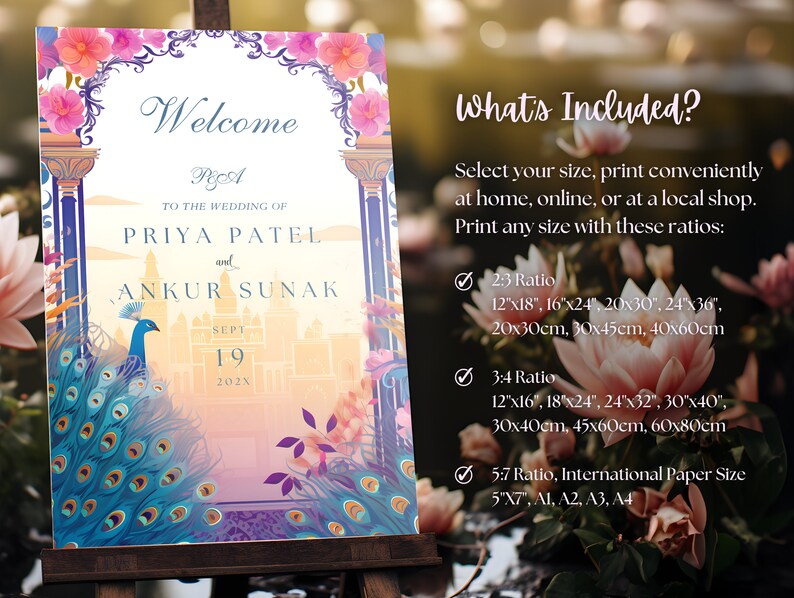 Indian Wedding Sign | Floral Patterns, Majestic Peacocks, Desi Welcome Board, South Indian Decor, Punjabi Signs, Hindu Reception, Mehndi image 5