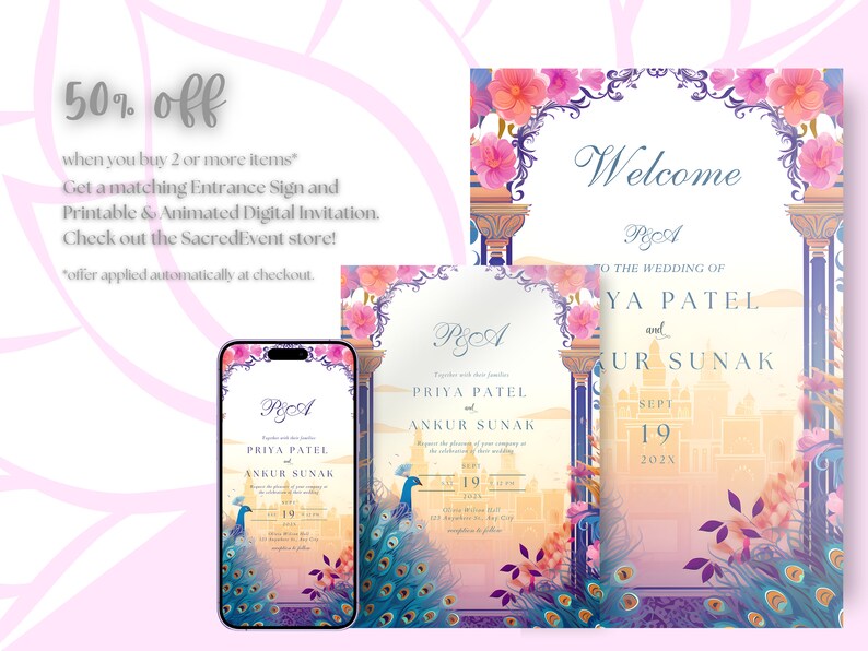 Indian Wedding Sign | Floral Patterns, Majestic Peacocks, Desi Welcome Board, South Indian Decor, Punjabi Signs, Hindu Reception, Mehndi image 4